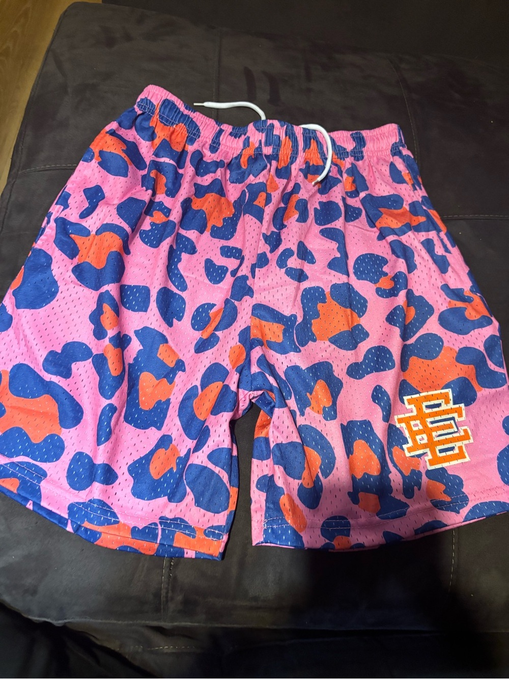 Eric Emanuel Pink Shorts with Blue and Orange Camouflage Print